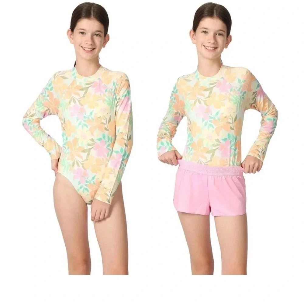 NWT Billabong Girls 2-Piece Swim Floral Rash Guard Bodysuit Shorts Pink